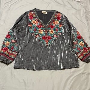 Savanna Jane Gray Blouse with Multicolor Floral Embroidery